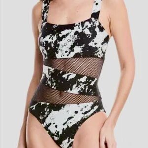 Carmen Marc Valvo Splash Black & White  Swimsuit Sz 4Mesh Cut-Out Shape Liner